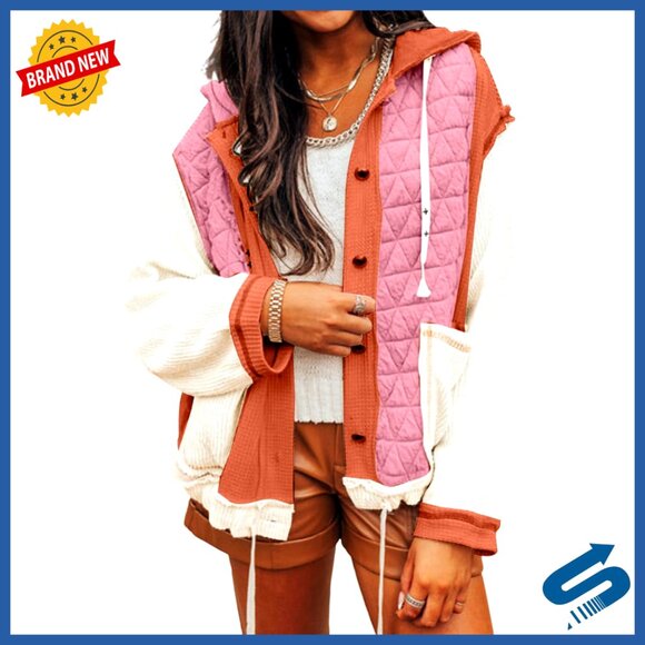 Quilted Patchwork Hooded Shacket Loose Fit Polyester Long Sleeve